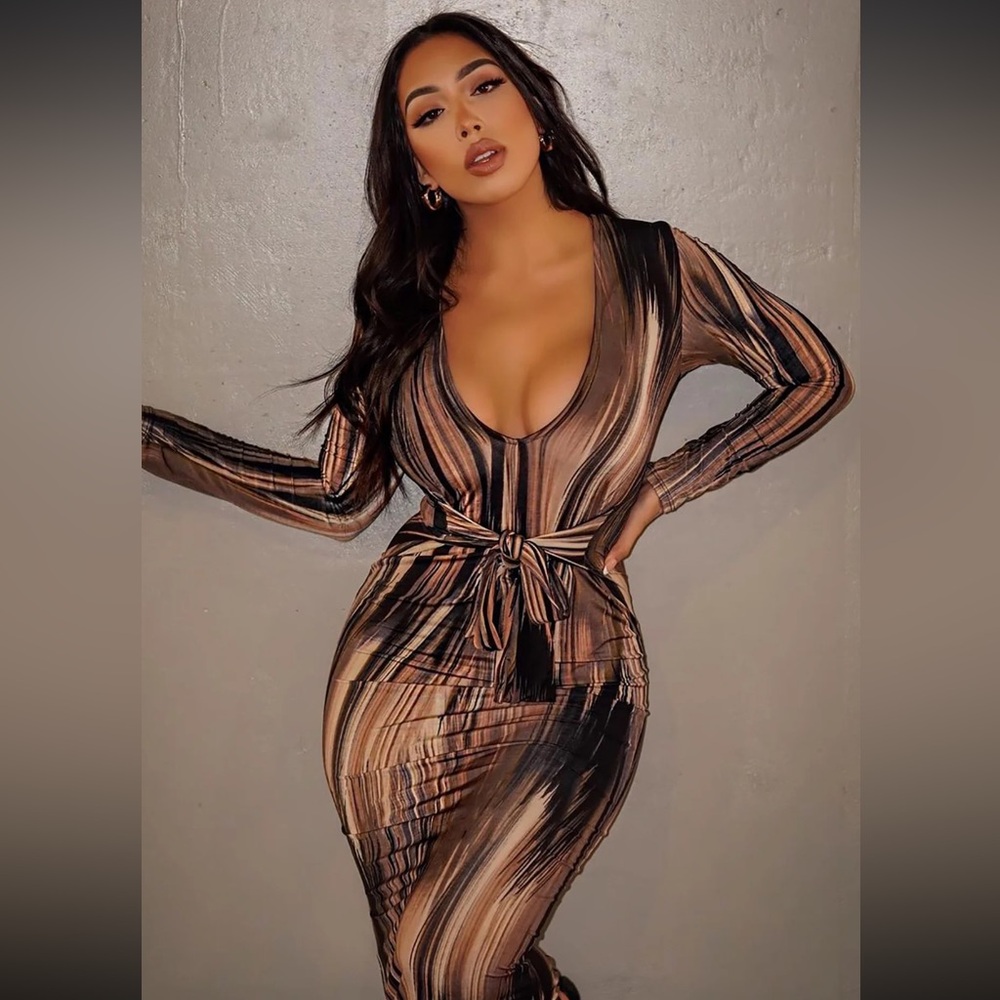 FN “Mind of My Own” Dress- V-Neck Bodycon Swirl Dress with Tie-Waist